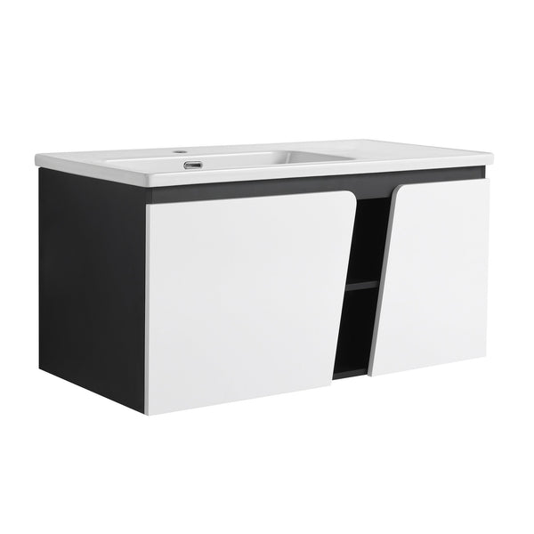 English Elm 40'' 40" Floating Wall-Mounted Bathroom Vanity with Ceramic Sink, Soft-Close Doors, Plywood Reinforced Durability PMID W999S00131