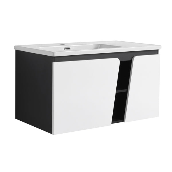 English Elm 36'' Floating Wall-Mounted Vanity with Ceramic Basin, Soft-Close Double Doors, Water-Resistant Ply Finish W999S00130