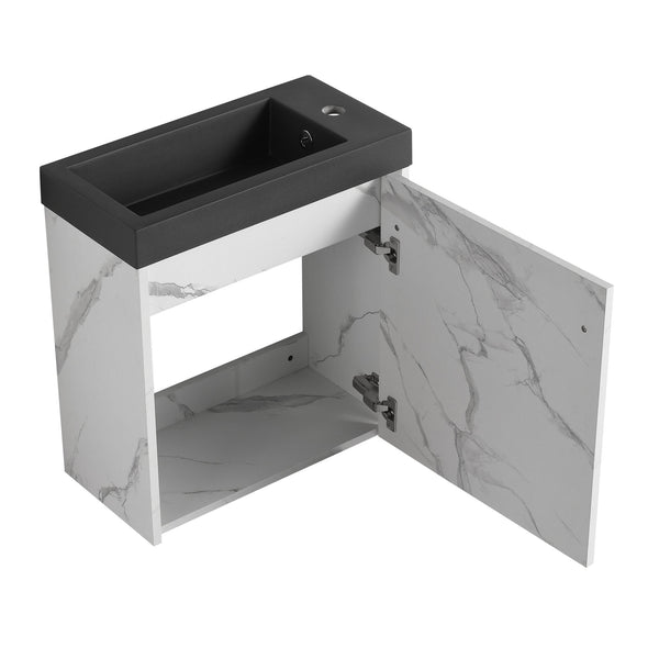 English Elm 20'' Floating Wall-Mounted Vanity with Resin Sink, Soft-Close Door & Open Shelves for Compact Baths White+Black W999P143207