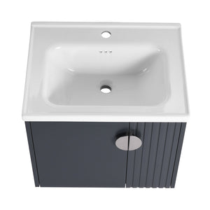 English Elm 24 Inch Wall-Mounted Vanity with Ceramic Sink, Wave Door Accent, Soft-Close Hinges, Eco Plywood Durable Finish Black W999P146017