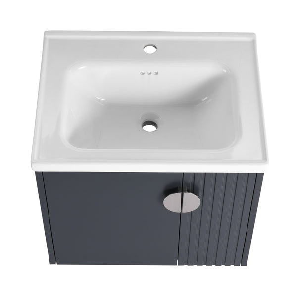English Elm 24 Inch Wall-Mounted Vanity with Ceramic Sink, Wave Door Accent, Soft-Close Hinges, Eco Plywood Durable Finish Black W999P146017