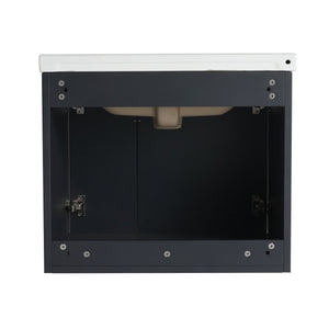English Elm 24 Inch Wall-Mounted Vanity with Ceramic Sink, Wave Door Accent, Soft-Close Hinges, Eco Plywood Durable Finish Black W999P146017
