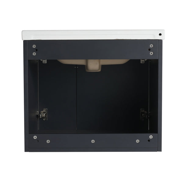 English Elm 24 Inch Wall-Mounted Vanity with Ceramic Sink, Wave Door Accent, Soft-Close Hinges, Eco Plywood Durable Finish Black W999P146017