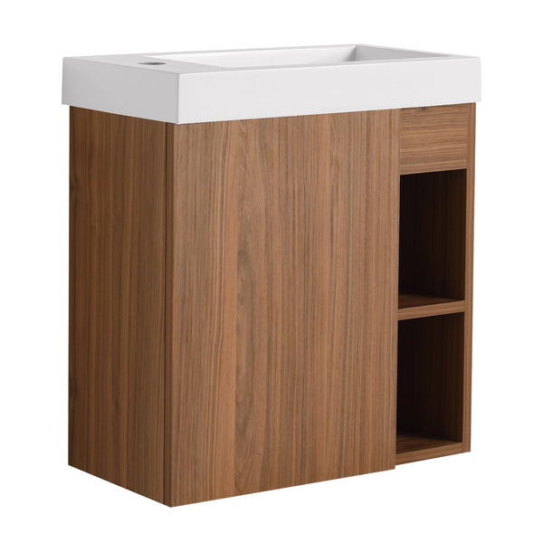 English Elm 20'' Floating Wall-Mounted Vanity with Resin Sink, Soft-Close Door & Open Shelves for Compact Baths Walnut W999P143199