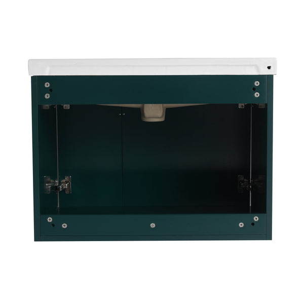 English Elm 28 Inch Wall-Mounted Bathroom Vanity with Ceramic Sink, Wave Dual Doors, Soft-Close Hinges, Durable Finish Green W999P146023