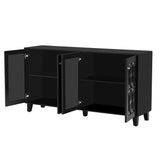 English Elm Buffet Cabinet With Adjustable Shelves, 4-Door Mirror Hollow-Carved Tv Stand For Tvs Up To 70'', Multi-Functional Console Table With Storage Credenza Accent Cabinet For Living Room, Black