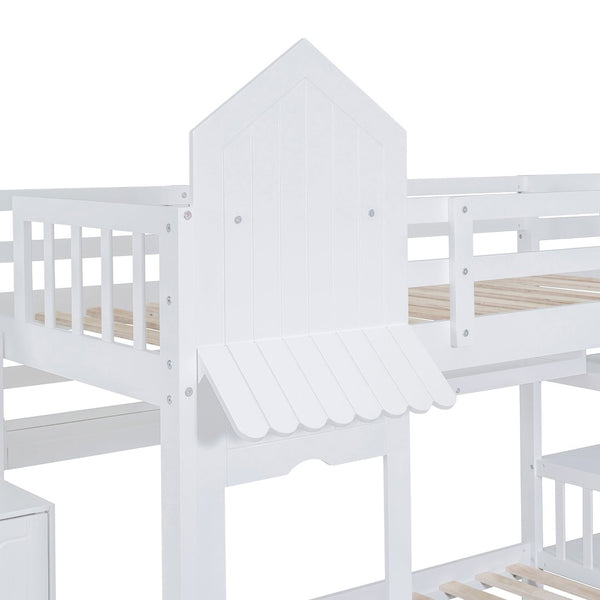 English Elm Twin-over-twin Castle Bunk Bed with Slide Storage Drawers and Shelves for Kids White LT000559AAK-1