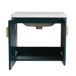English Elm 24 Inch Wall-Mounted Vanity with Ceramic Sink, Wave Door Accent, Soft-Close Hinges, Eco Plywood Durable Finish Green W999P146018