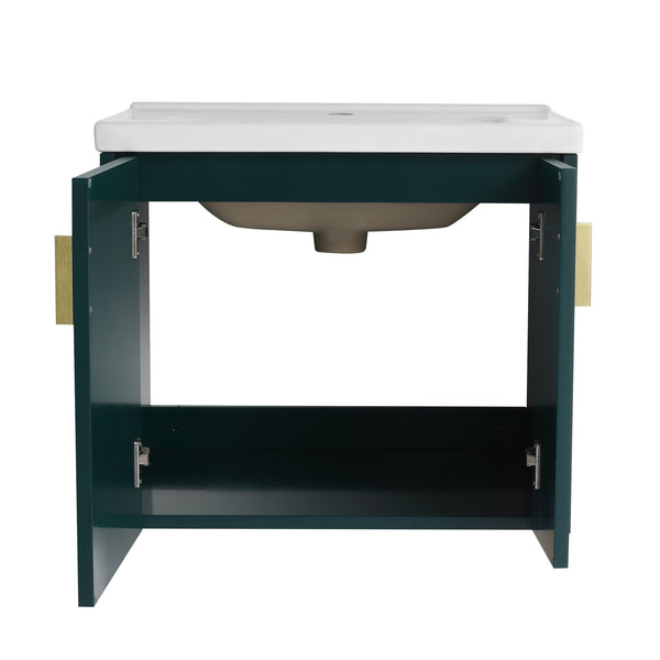 English Elm 24 Inch Wall-Mounted Vanity with Ceramic Sink, Wave Door Accent, Soft-Close Hinges, Eco Plywood Durable Finish Green W999P146018