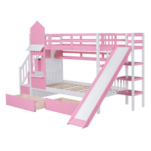English Elm Twin-over-twin Castle Bunk Bed with Slide Storage Drawers and Shelves for Kids Pink LT000559AAH-3