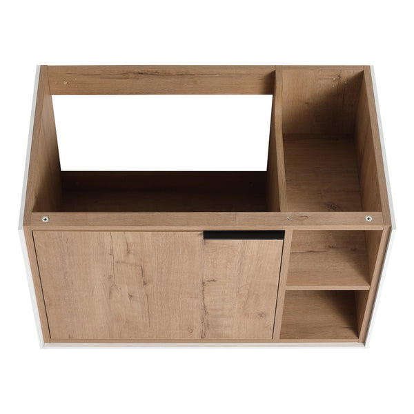 English Elm 30'' 30" Floating Wall-Mounted Vanity Cabinet with Soft-Close Door, Plywood Trim, Open Shelves, Metal Handle W999P145695