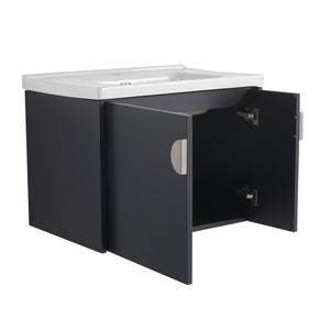 English Elm 28 Inch Wall-Mounted Bathroom Vanity with Ceramic Sink, Wave Dual Doors, Soft-Close Hinges, Durable Finish Black W999P146021