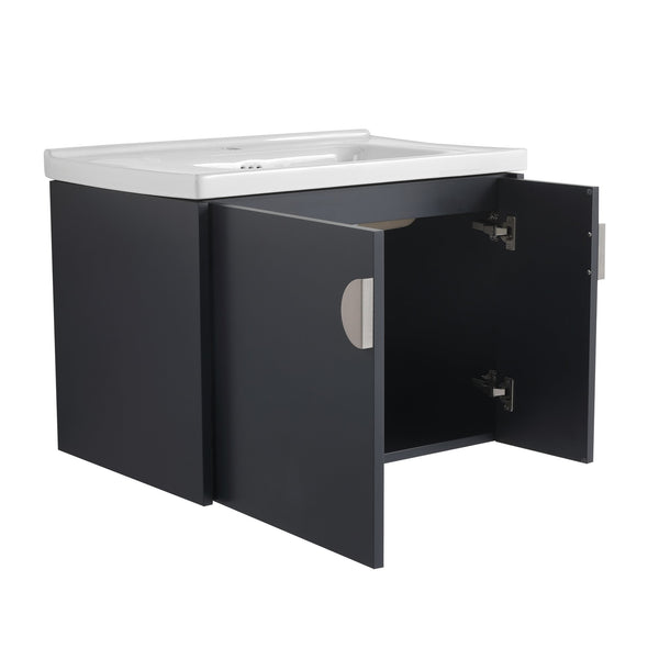 English Elm 28 Inch Wall-Mounted Bathroom Vanity with Ceramic Sink, Wave Dual Doors, Soft-Close Hinges, Durable Finish Black W999P146021
