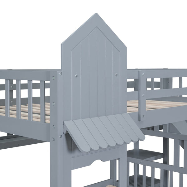 English Elm Full-over-full Castle Bunk Bed with Slide Drawers Shelves Pinewood Kids Frame Gray LT000558AAE-3