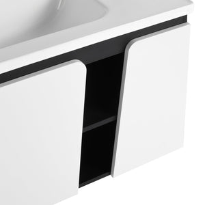 English Elm 32' 32" Floating Wall-Mounted Vanity with Ceramic Sink, Soft-Close Double Doors, Water-Resistant Ply W999S00129