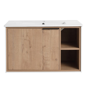 English Elm 30'' Floating Wall-Mounted Vanity with Ceramic Sink, Soft-Close Door, Open Shelves, Durable Plywood Finish W999S00123