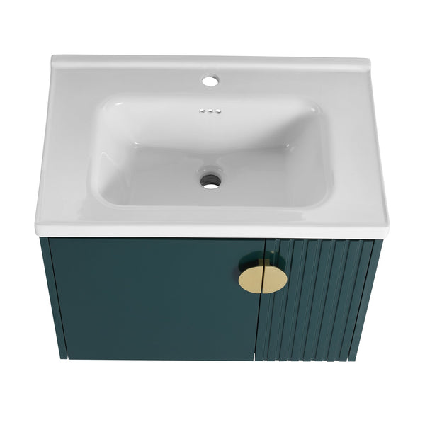 English Elm 28 Inch Wall-Mounted Bathroom Vanity with Ceramic Sink, Wave Dual Doors, Soft-Close Hinges, Durable Finish Green W999P146023