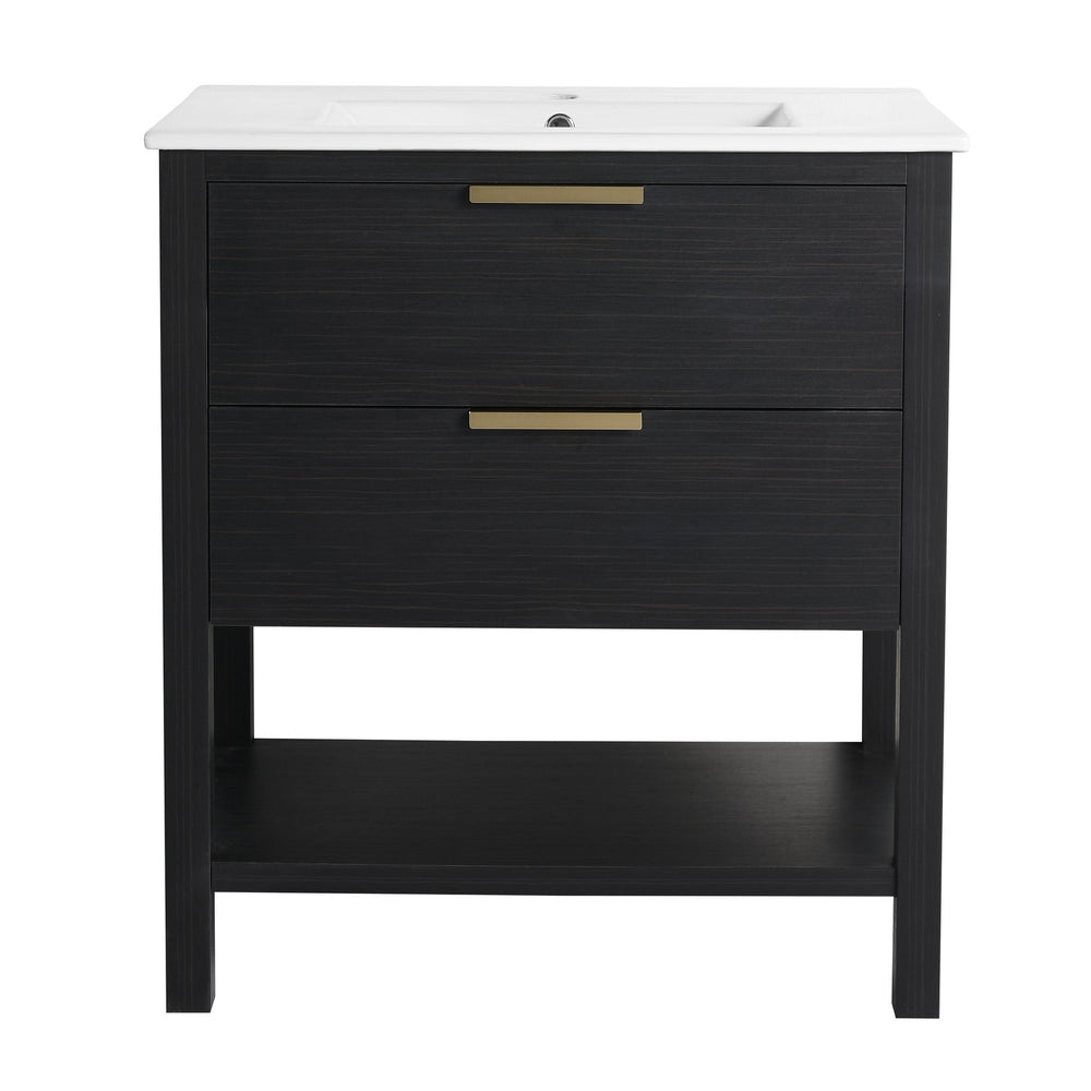 English Elm 30 30 Inch Bathroom Vanity Plywood with 2 Soft-Close Drawers, Freestanding Wood Feet, Water-Resistant Melamine W999140825