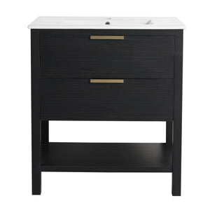 English Elm 30 30 Inch Bathroom Vanity Plywood with 2 Soft-Close Drawers, Freestanding Wood Feet, Water-Resistant Melamine W999140825