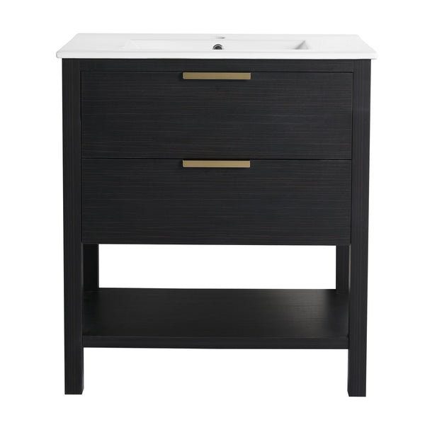 English Elm 30 30 Inch Bathroom Vanity Plywood with 2 Soft-Close Drawers, Freestanding Wood Feet, Water-Resistant Melamine W999140825