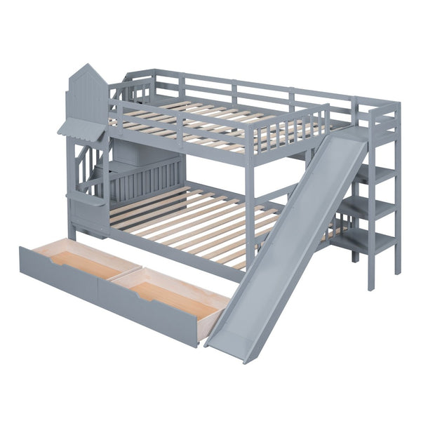 English Elm Full-over-full Castle Bunk Bed with Slide Drawers Shelves Pinewood Kids Frame Gray LT000558AAE-3
