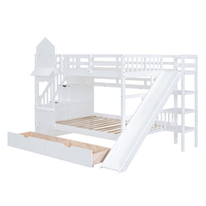 English Elm Full-over-full Castle Bunk Bed with Slide Drawers Shelves Pinewood Kids Frame White LT000558AAK-3