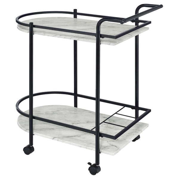 English Elm Black Faux White Marble Serving Cart with 2-Tier Shelves, 3-Bottle Wine Rack & Locking Casters — Sleek Entertaining Station (32" H) B062P145636