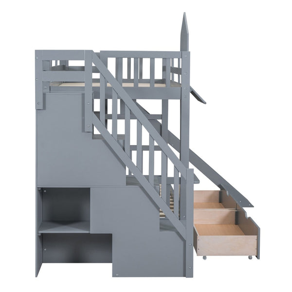 English Elm Twin-over-twin Castle Bunk Bed with Slide Storage Drawers and Shelves for Kids Gray LT000559AAE-2