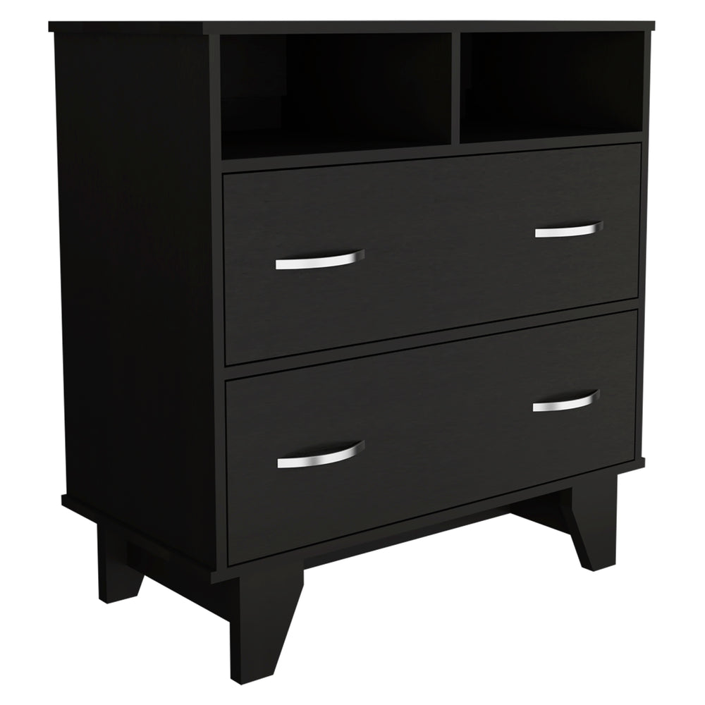 English Elm Double Drawer Dresser Arabi Black – Sturdy Particle Board, Spacious Shelves & Deep Drawers for Durable Bedroom Storage and Style B092S00007