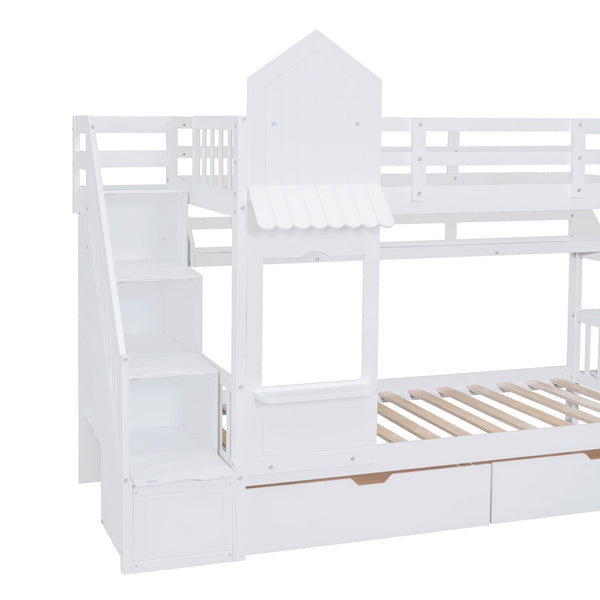 English Elm Twin-over-twin Castle Bunk Bed with Slide Storage Drawers and Shelves for Kids White LT000559AAK-1