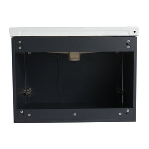 English Elm 28 Inch Wall-Mounted Bathroom Vanity with Ceramic Sink, Wave Dual Doors, Soft-Close Hinges, Durable Finish Black W999P146021