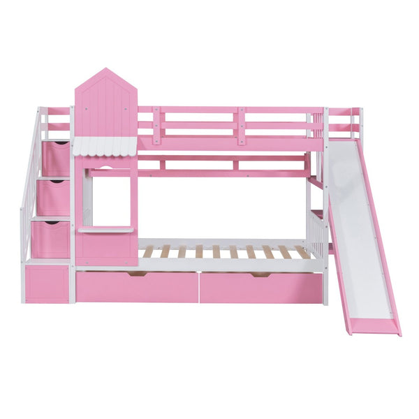 English Elm Twin-over-twin Castle Bunk Bed with Slide Storage Drawers and Shelves for Kids Pink LT000559AAH-2