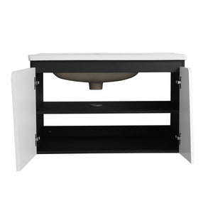 English Elm 32' 32" Floating Wall-Mounted Vanity with Ceramic Sink, Soft-Close Double Doors, Water-Resistant Ply W999S00129