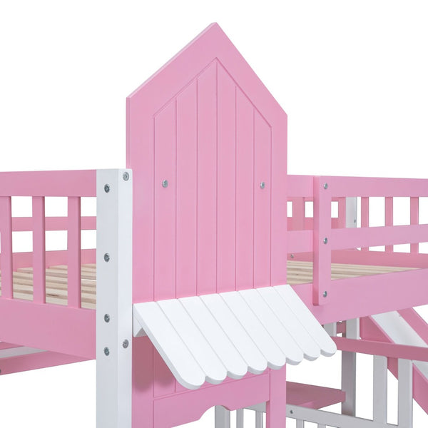 English Elm Full-over-full Castle Bunk Bed with Slide Drawers Shelves Pinewood Kids Frame LT000558AAH-3