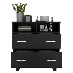 English Elm Double Drawer Dresser Arabi Black – Sturdy Particle Board, Spacious Shelves & Deep Drawers for Durable Bedroom Storage and Style B092S00007