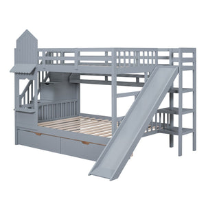 English Elm Full-over-full Castle Bunk Bed with Slide Drawers Shelves Pinewood Kids Frame Gray LT000558AAE-3