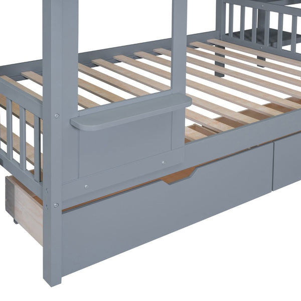 English Elm Full-over-full Castle Bunk Bed with Slide Drawers Shelves Pinewood Kids Frame Gray LT000558AAE-3