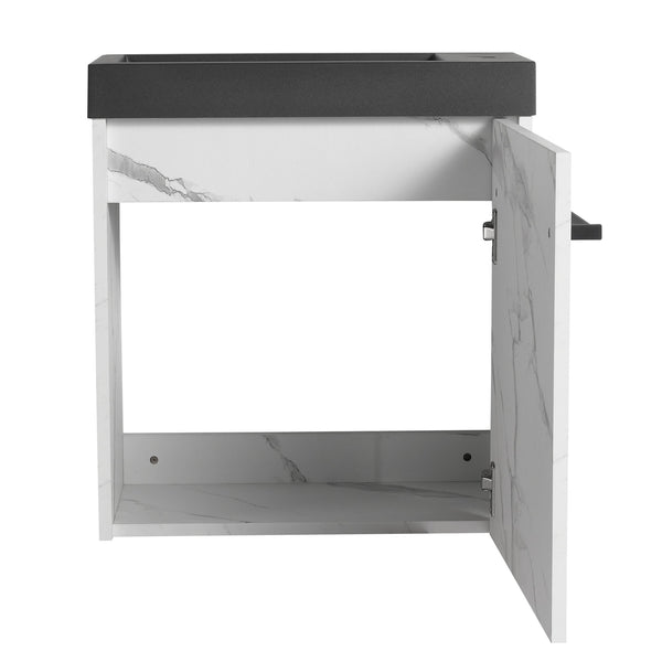 English Elm 20'' Floating Wall-Mounted Vanity with Resin Sink, Soft-Close Door & Open Shelves for Compact Baths White+Black W999P143207