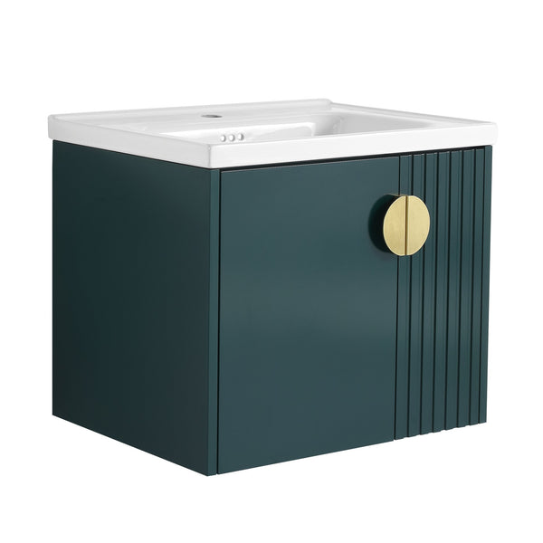 English Elm 24 Inch Wall-Mounted Vanity with Ceramic Sink, Wave Door Accent, Soft-Close Hinges, Eco Plywood Durable Finish Green W999P146018
