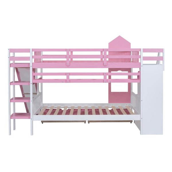 English Elm Full-over-full Castle Bunk Bed with Slide Drawers Shelves Pinewood Kids Frame LT000558AAH-3