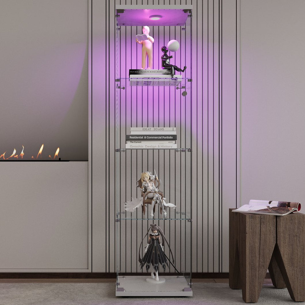 English Elm LED Glass Display Cabinet 64.7" Tall with 4 Tempered Glass Shelves, Dustproof Curio Bookcase for Home White W1806P197870
