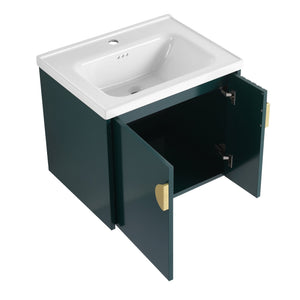 English Elm 24 Inch Wall-Mounted Vanity with Ceramic Sink, Wave Door Accent, Soft-Close Hinges, Eco Plywood Durable Finish Green W999P146018