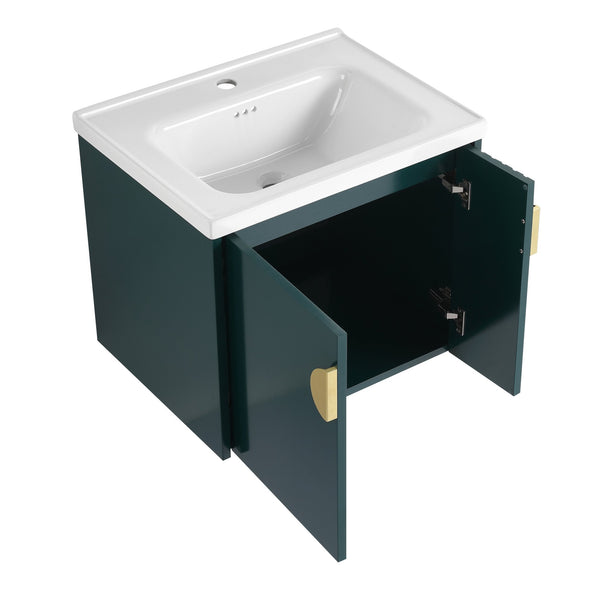 English Elm 24 Inch Wall-Mounted Vanity with Ceramic Sink, Wave Door Accent, Soft-Close Hinges, Eco Plywood Durable Finish Green W999P146018