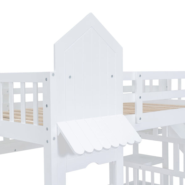 English Elm Full-over-full Castle Bunk Bed with Slide Drawers Shelves Pinewood Kids Frame LT000558AAK-2
