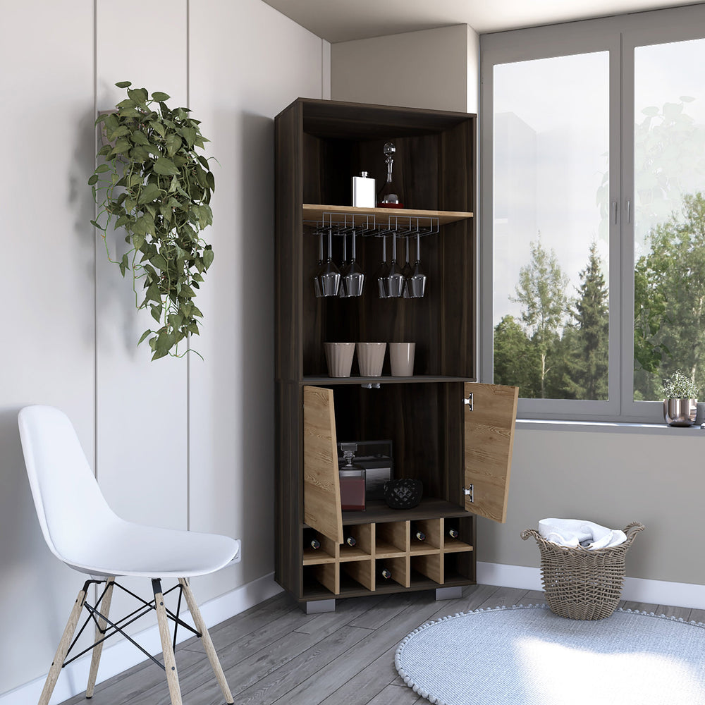 English Elm Corner Bar Cabinet Albarr Dark Oak/Pine – Space-Saving Corner Wine Storage with 10 Cubbies, Shelves, Durable Particleboard Finish B092S00001