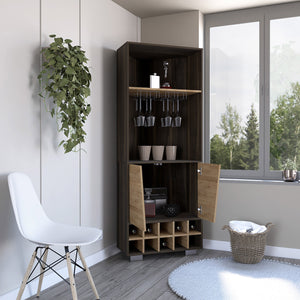 English Elm Corner Bar Cabinet Albarr Dark Oak/Pine – Space-Saving Corner Wine Storage with 10 Cubbies, Shelves, Durable Particleboard Finish B092S00001