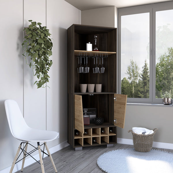 English Elm Corner Bar Cabinet Albarr Dark Oak/Pine – Space-Saving Corner Wine Storage with 10 Cubbies, Shelves, Durable Particleboard Finish B092S00001