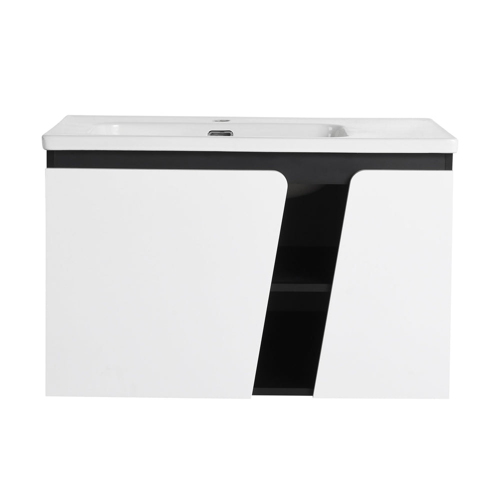 English Elm 32' 32" Floating Wall-Mounted Vanity with Ceramic Sink, Soft-Close Double Doors, Water-Resistant Ply W999S00129