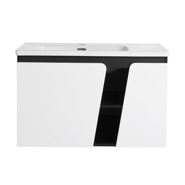 English Elm 32' 32" Floating Wall-Mounted Vanity with Ceramic Sink, Soft-Close Double Doors, Water-Resistant Ply W999S00129