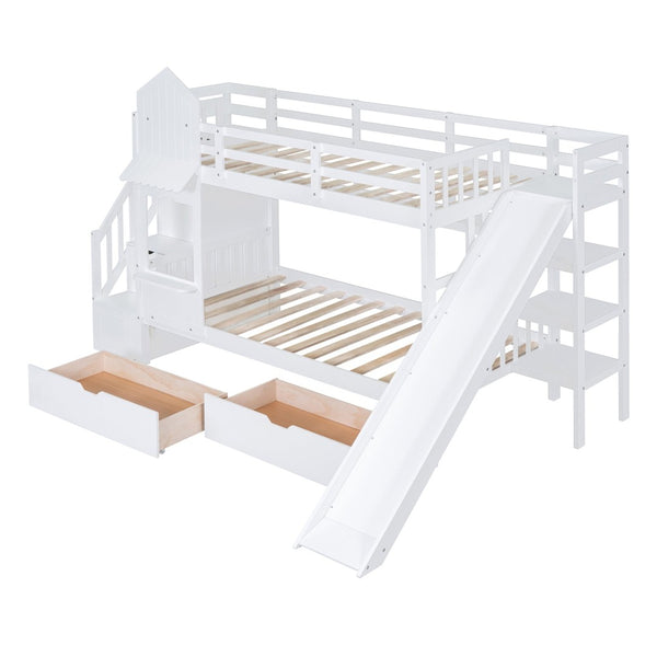 English Elm Twin-over-twin Castle Bunk Bed with Slide Storage Drawers and Shelves for Kids White LT000559AAK-1